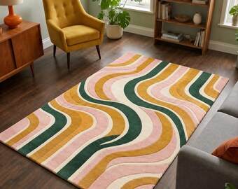 Retro Wavy Tufted Area Rug, Mid Century Modern Groovy Carpet, Colorful Wave Floor Rug for Living Room, Aesthetic Abstract Plush Rug