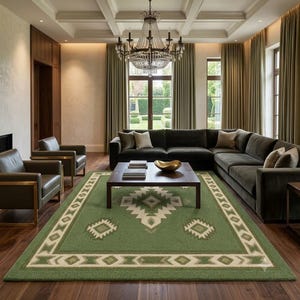 Hand Tufted Sage Green Wool Rug | Southwestern Geometric Area Rug | Tribal Diamond Native Style Carpet | Boho Living Room Rug | Custom Size