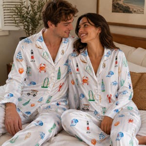 East Coast Pajama Set, Coastal Satin Pajamas, Lobster Lighthouse Sleepwear, New England Summer Gift