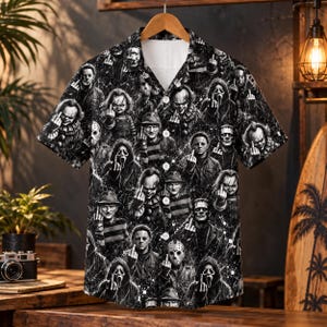 Classic Horror Icons Hawaiian Shirt, Black and White Slasher Movie Character Button Up, Spooky Halloween Horror Fan Aloha Shirt Gift