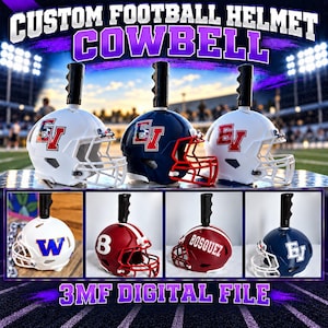 May include: A collection of custom football helmet cowbells featuring various team colors, logos, and face masks. The display includes white, navy blue, and maroon helmets with black handles, some labeled with letters or names like EV, W, B, and BOSQUEZ.