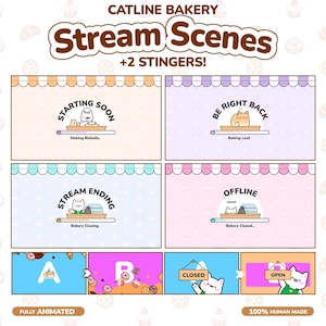 Op de afbeelding: Een digitale stream overlay set getiteld Catline Bakery Stream Scenes +2 Stingers. Het bevat vier schermen met kattenfiguren in een bakkerij, gelabeld Starting Soon, Be Right Back, Stream Ending en Offline, plus twee geanimeerde stinger-overgangen.