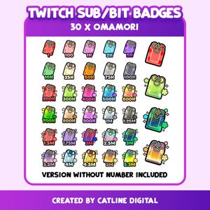 Könnte beinhalten: Eine Sammlung von 30 digitalen Omamori-Twitch-Sub- und Bit-Abzeichen in verschiedenen Farben und Verläufen. Jedes Abzeichen zeigt ein Knotendesign an der Oberseite und numerische Beschriftungen von 1 bis 5,5M. Eine Version ohne Zahlen ist enthalten.