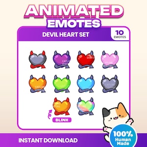 Könnte beinhalten: Ein digitales Set aus 10 animierten Emotes mit dem Titel ANIMATED EMOTES DEVIL HEART SET. Die Sammlung enthält herzförmige Symbole in verschiedenen Farben, jeweils mit kleinen Teufelshörnern und einem Schwanz. Ein Herz ist mit BLINK beschriftet.