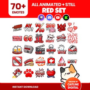 Può includere: Una collezione digitale di oltre 70 emote animate e statiche a tema rosso per piattaforme di streaming. Il set include varie icone come cuori, teschi, fumetti con frasi come 1000 AURA, GG, F IN CHAT e un personaggio gatto dei cartoni.