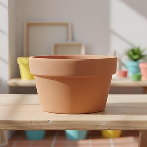 Könnte beinhalten: Ein terrakottafarbener Pflanztopf mit einer breiten, kreisförmigen Öffnung und einem dicken, flachen Rand. Der Topf hat eine glatte, matte Oberfläche und einen konischen Körper, der sich zur Basis hin verjüngt und mittig steht.