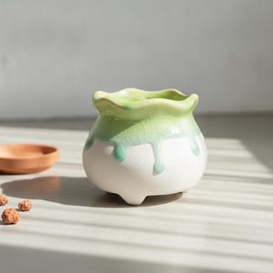 Succulent Planter | Ceramic Crackle Glaze Pot | Small Green Drip Decor | Footed