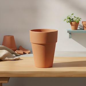 May include: A terracotta plant pot with a smooth, matte finish and a wide, thick rim. The pot is cylindrical with a slightly tapered base, featuring a warm, earthy orange-brown color consistent with natural clay material and construction.