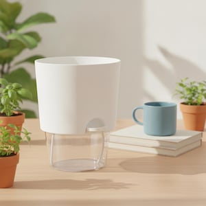 May include: A self-watering planter featuring a solid white opaque upper section and a clear transparent lower reservoir. The design includes a small white circular fill port on the side of the upper container, allowing for easy water level monitoring.