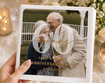 Servilletas personalizadas para el 60 aniversario con foto, servilletas de cóctel personalizadas para fiestas de aniversario de boda.