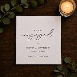 Personalized Engagement Napkins, Custom Names and Date Cocktail Napkins, We Are Engaged Party Decor, Engagement Tableware