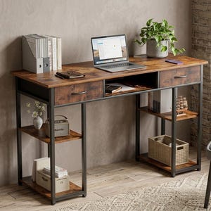 May include: A rectangular desk with a dark wood grain finish and a black metal frame. It features two drawers, a central open storage compartment, and two side shelving units with two levels each, providing ample space for office supplies and decor.