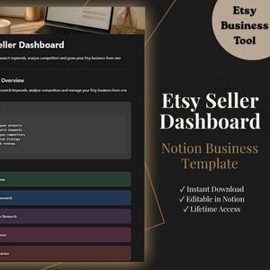 May include: A digital Etsy Seller Dashboard Notion business template featuring a dark interface with sections for product ideas, keyword research, competitor research, listing planning, and revenue tracking, plus a rocket icon and text.