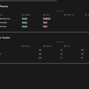 May include: A digital dashboard interface on a dark background featuring two tables titled Listing Planner and Revenue Tracker. The Listing Planner tracks items like Luxury Nail Salon Pack, Lash Artist Bundle, and Spa Content Pack. The Revenue Tracker displays monthly financial data for January, February, and March with columns for revenue, expenses, and profit.