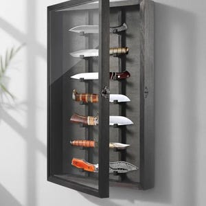 May include: A black wooden wall-mounted display case with a glass door, featuring a dark interior lining. The case holds eight knives of various designs, including blades with wooden, metal, and orange handles, arranged in two vertical columns.