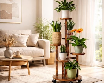 5 Tier Rolling Plant Stand, Carbonized Pine Wood Shelf with Wheels