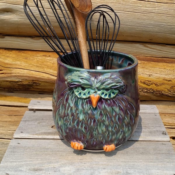 Owl Utensil Holder, Pottery Utensil Holder, Ceramic Owl, Ceramic Owl Utensil Holder, Purple Owl, Kitchen Utensil Holder, Spoon Holder