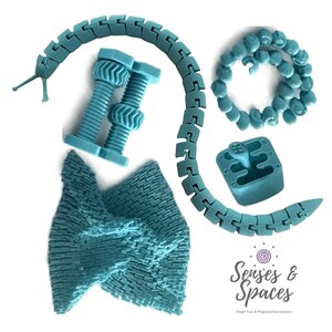 May include: A collection of teal fidget toys including an articulated slug, two threaded bolts with nuts, a circular chain, and a gear shifter knob. The text Senses & Spaces Fidget Toys & Pegboard Accessories is printed in the bottom right corner.