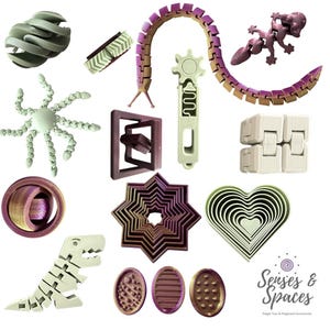 May include: A collection of 3D printed fidget toys including a segmented centipede, a lizard, a dinosaur, a white infinity cube, a star-shaped nesting set, a heart-shaped nesting set, textured ovals, and various geometric shapes in purple and green.