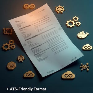 May include: A DevOps Engineer resume template document surrounded by gold-colored icons representing cloud computing, gears, and technical symbols. The text includes 'DEVOPS ENGINEER RESUME TEMPLATE', 'ATS-Friendly Format', and 'INSTANT DOWNLOAD · ETSY EXCLUSIVE'.