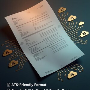 May include: A digital resume template for Azure Cloud Engineers featuring a document layout with gold circuit board graphics and cloud icons. Text includes AZURE CLOUD ENGINEER RESUME TEMPLATE, ATS-Friendly Format, Easy to Edit in Word & Google Docs, Instant Digital Download, and Tailored for Azure Certifications.