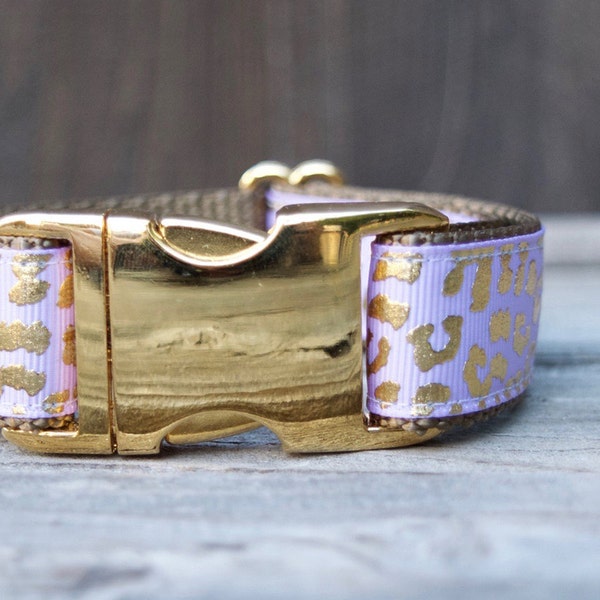 Lavender Leopard Print Dog Collar, Gold Foil, Animal Print, Lavender, Adjustable Dog Collar, Gold Metal Hardware