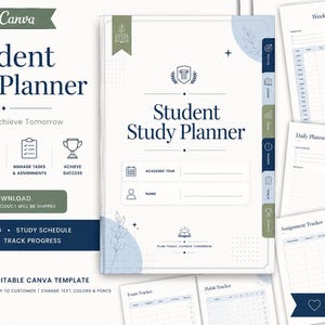 May include: A digital student study planner template with a white cover featuring dark blue text, olive green accents, and icons. The layout includes sections for academic year, name, and various tracking pages like weekly, daily, and assignment planners.