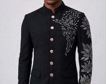 Abito Jodhpuri nero / Giacca con colletto alla coreana ricamata a mano, abito da sposo in lycra elasticizzata
