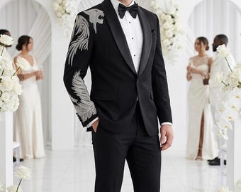 Luxury Black , Silver Panther Handwork custom made suit For men’s Wedding and Reception .