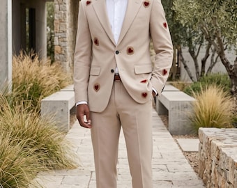 Men's Beige Suit, 2 Piece Single Breasted Suit, Embroidered Wedding Suit, Custom Tailored Groom Suit, Beige Formal Suit, Premium TR Fabric