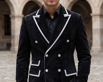 Black Velvet Dinner Jacket for Men, Double Breasted Tuxedo Blazer with White Piping, Custom Wedding Groom Prom Party Coat