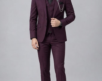 Men Purple Three Piece Suit Slim Fit Wedding Prom Tuxedo Groom Attire