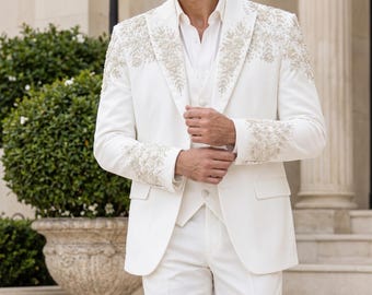 Men's Wedding Suit, White 3 Piece Beaded Tuxedo, 4-Way Stretch Formal Suit