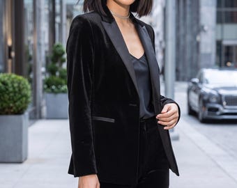 Black Velvet Pantsuit for Women, Satin Lapel Tuxedo Blazer and Trousers, Wedding Guest, Cocktail and Evening Party Outfit