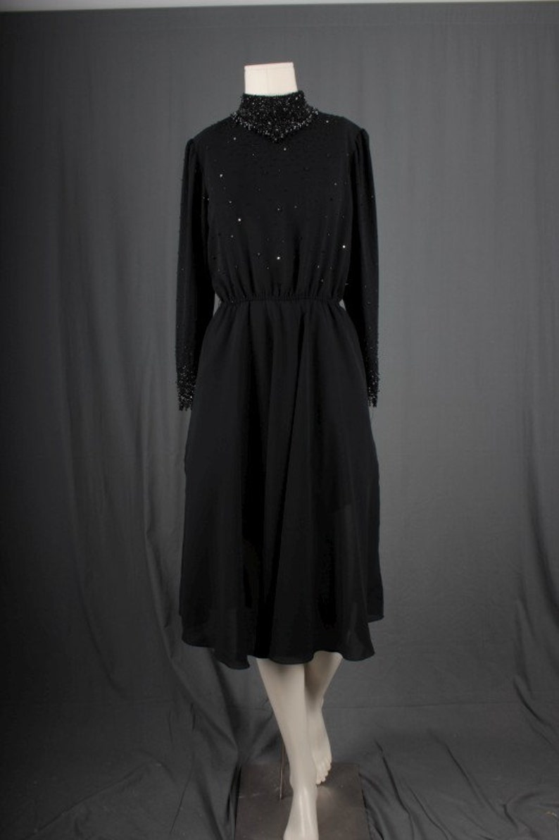 Vintage women black dress sequin beaded fifties chiffon women size S small