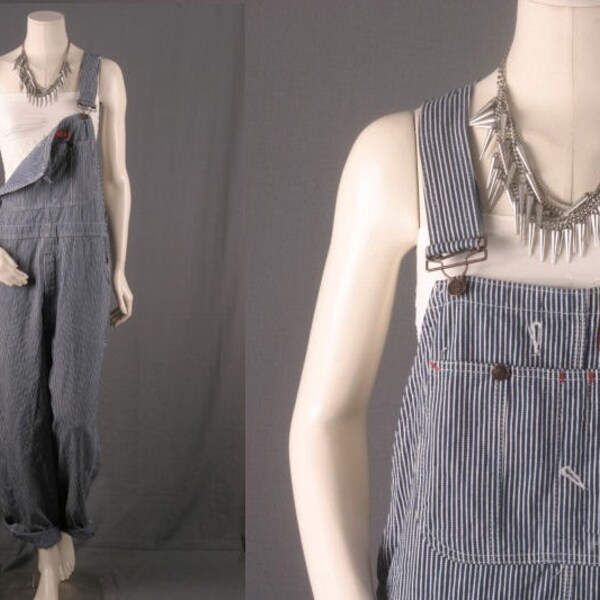 Overalls Dungarees striped blue white engineer Bohemian Gypsy Boho Hippie Women size Large L