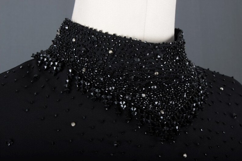 Vintage women black dress sequin beaded fifties chiffon women size S small