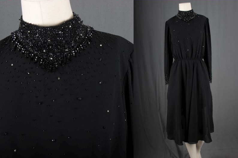 Vintage women black dress sequin beaded fifties chiffon women size S small