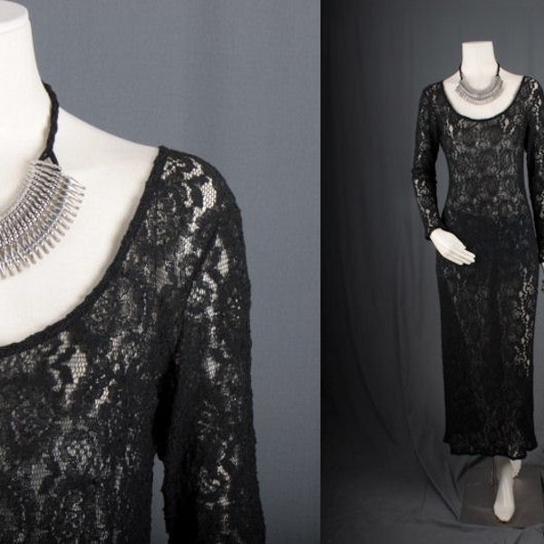 Black lace dress maxi long sleeves bohemian Gypsy Hippie Rocker women size M medium