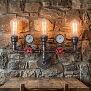 Applique Murale Steampunk Tuyaux Cuivre 3 Feux | Steampunk Pipe Wall Sconce Industrial Rustic Edison Vintage Copper Iron