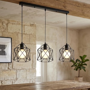 Linear Black Metal 3 Cage Chandelier – Geometric Industrial Pendant Light