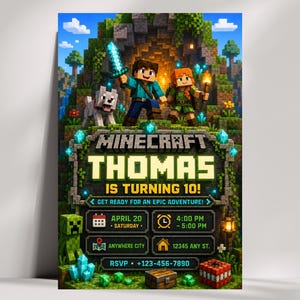 Birthday Invitation Minecraft Editable, Minecrafter birthday Invite instant download, Video Game Birthday Invitation, Digital Invite