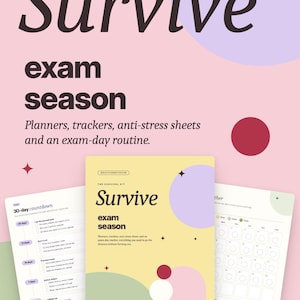 Peut inclure: Un kit PDF numérique pour étudiants en santé intitulé Survive exam season, comprenant des planificateurs, des suivis et des feuilles anti-stress. Le kit inclut une page de compte à rebours de 30 jours et un document de 28 pages imprimable.
