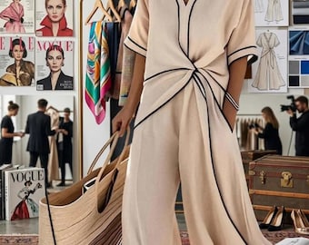 Eleganter Boho-Jumpsuit für Damen mit weitem Bein und V-Ausschnitt, schickes Sommer-Chanu-Set, Minimalist-Resort