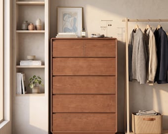 Solid Pine Wood 6-Drawer Dresser, Mid-Century Modern, Handleless Design