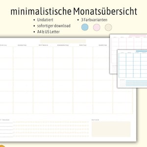 Könnte beinhalten: Eine digitale Monatsübersicht als Vorlage mit einem Raster-Layout, Spalten für die Wochentage, einem Bereich für Gewohnheitsverfolgung und einem Notizfeld. Das Design umfasst drei Farbvarianten in Blau, Rosa und Beige auf hellem Grund.