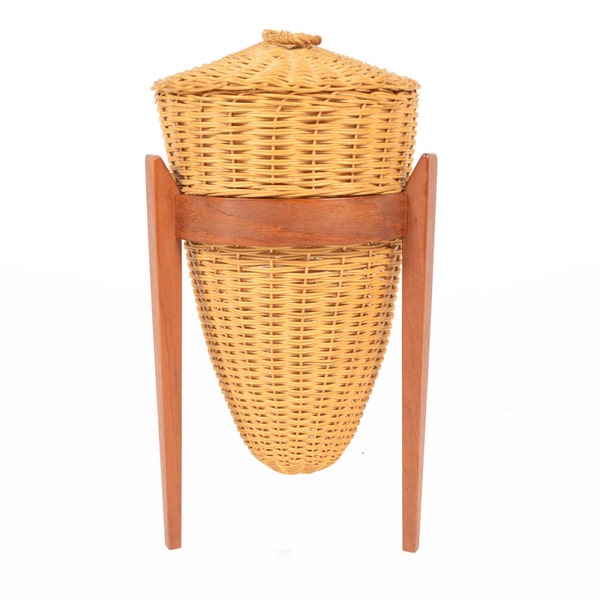 Danish Mid Century Modern Teak and Wicker Sewing Basket