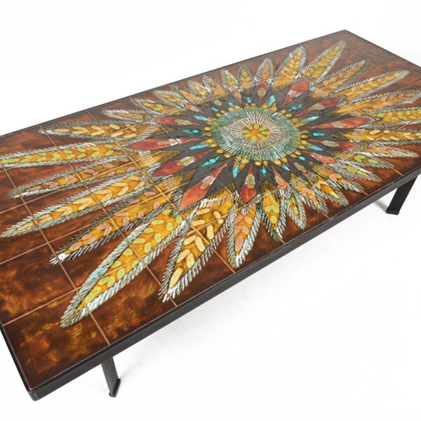 Danish Mid Century Modern Tile and Steel Peacock Coffee Table by Knud Michel