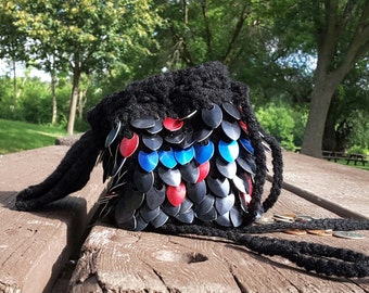 Black,red and blue dice bag,scale dice bag, crochet scalemaille, crochet scale, crochet bag