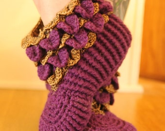 Purple and metallic gold size 8/9 women's crocodile stitch slippers